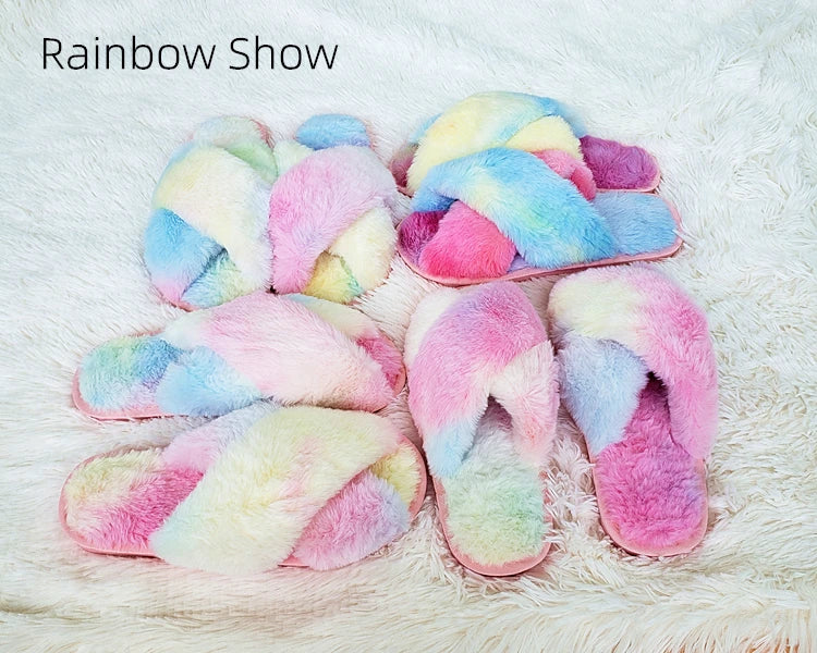 Winter Women House Slippers Faux Fur Fashion Warm Shoes Woman Slip on Flats Female Slides Black Pink cozy home furry slippers