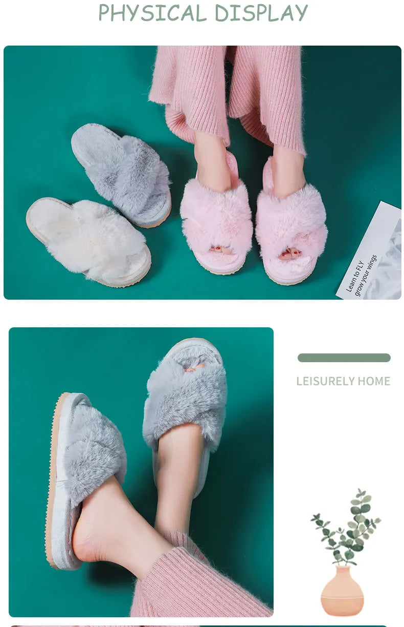 Winter Women House Slippers Faux Fur Fashion Warm Shoes Woman Slip on Flats Female Slides Black Pink cozy home furry slippers