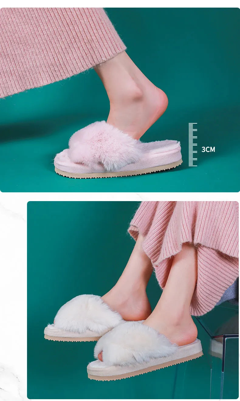 Winter Women House Slippers Faux Fur Fashion Warm Shoes Woman Slip on Flats Female Slides Black Pink cozy home furry slippers