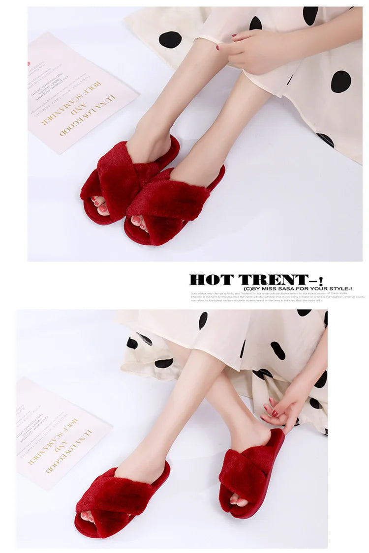 Winter Women House Slippers Faux Fur Fashion Warm Shoes Woman Slip on Flats Female Slides Black Pink cozy home furry slippers