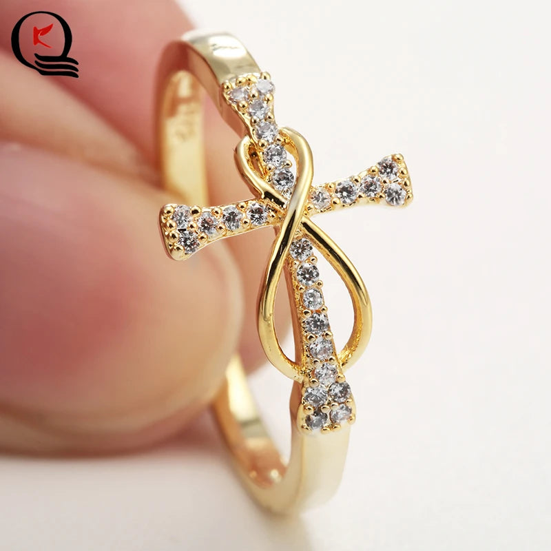 Elegant Cross Inlaid Crystal Wedding Band - Gold/Silver