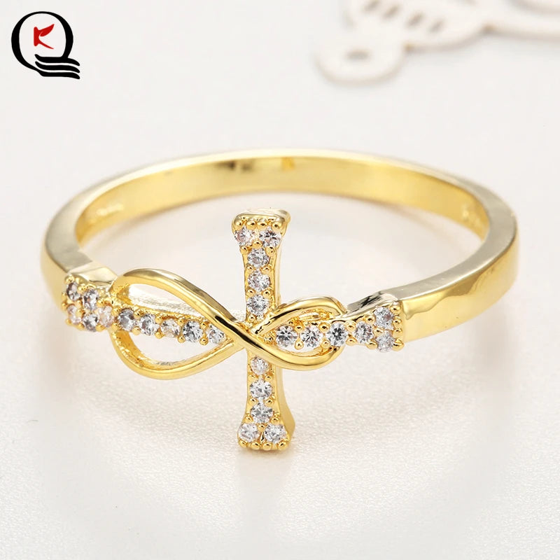 Elegant Cross Inlaid Crystal Wedding Band - Gold/Silver