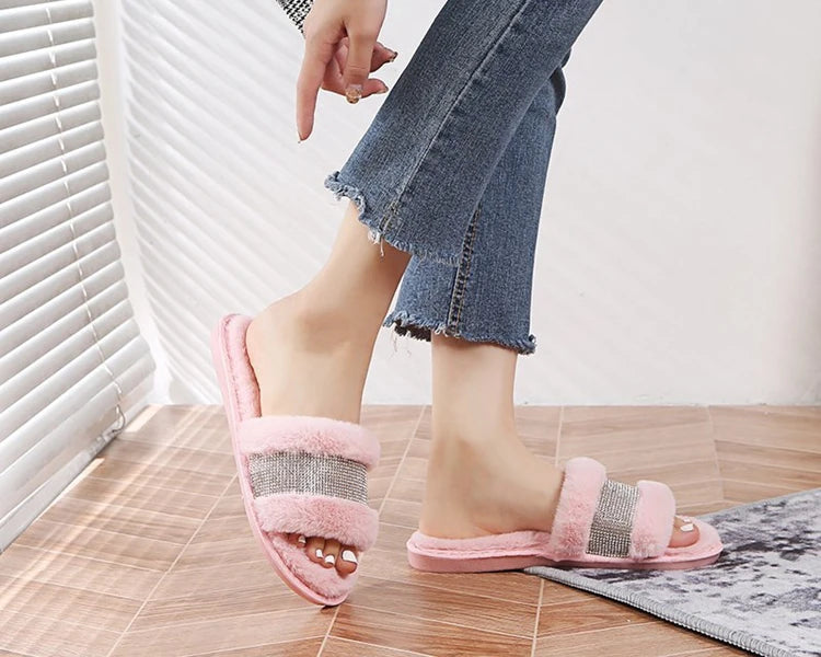 Winter Women House Slippers Faux Fur Fashion Warm Shoes Woman Slip on Flats Female Slides Black Pink cozy home furry slippers
