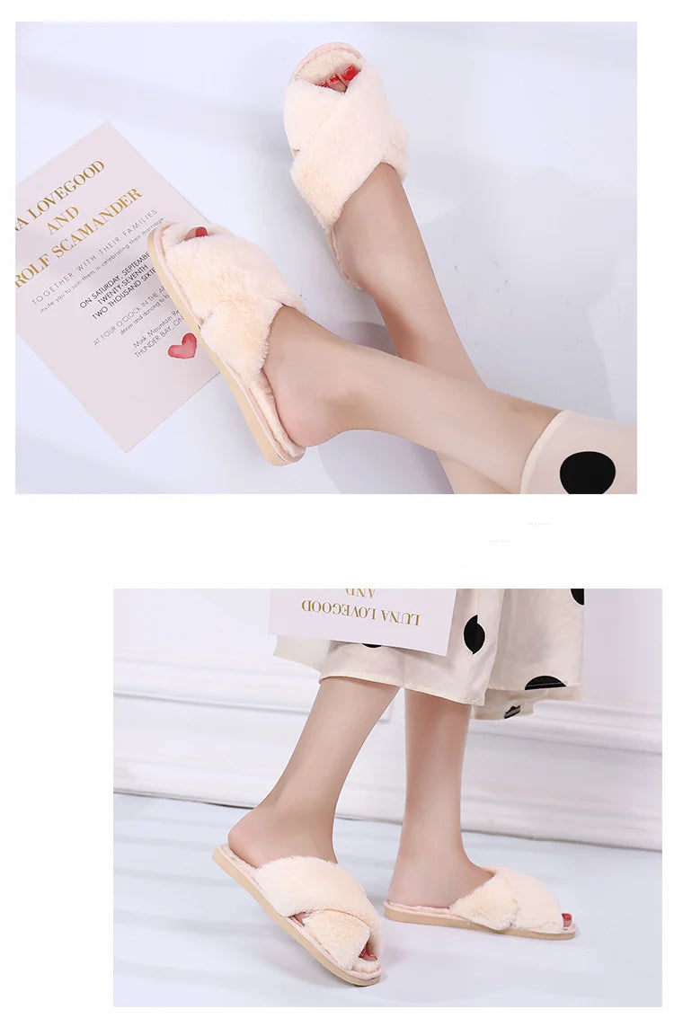 Winter Women House Slippers Faux Fur Fashion Warm Shoes Woman Slip on Flats Female Slides Black Pink cozy home furry slippers