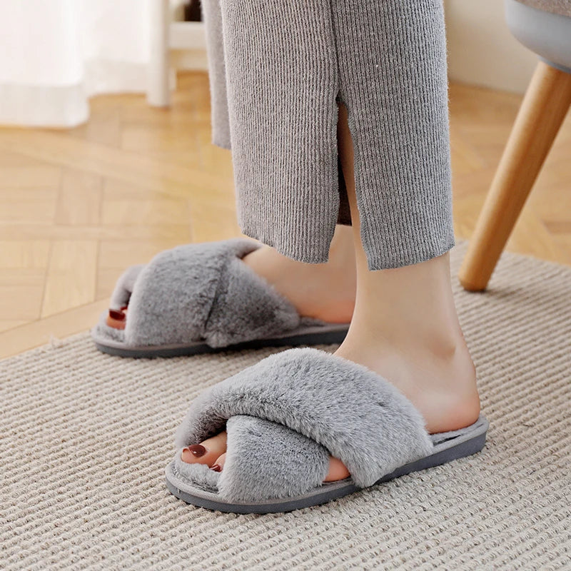 Winter Women House Slippers Faux Fur Fashion Warm Shoes Woman Slip on Flats Female Slides Black Pink cozy home furry slippers