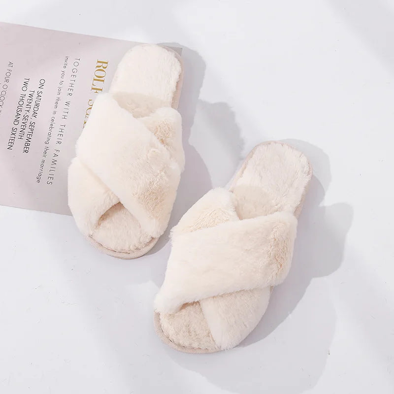 Winter Women House Slippers Faux Fur Fashion Warm Shoes Woman Slip on Flats Female Slides Black Pink cozy home furry slippers
