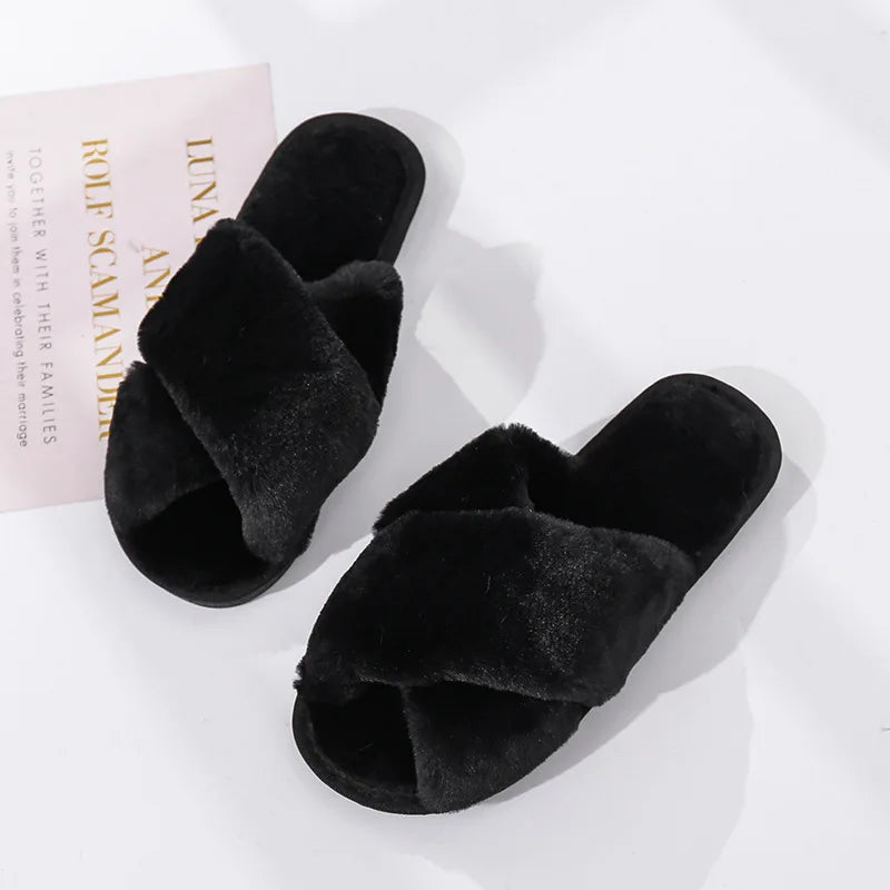 Winter Women House Slippers Faux Fur Fashion Warm Shoes Woman Slip on Flats Female Slides Black Pink cozy home furry slippers