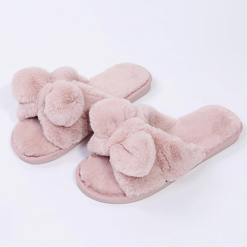 Winter Women House Slippers Faux Fur Fashion Warm Shoes Woman Slip on Flats Female Slides Black Pink cozy home furry slippers
