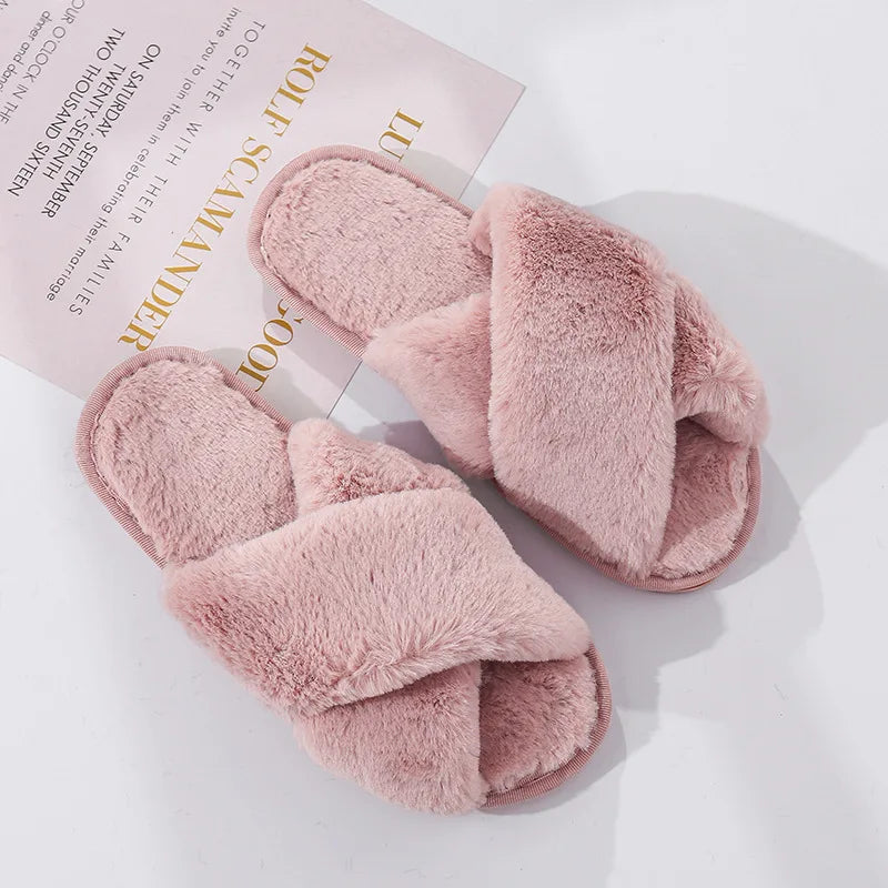Winter Women House Slippers Faux Fur Fashion Warm Shoes Woman Slip on Flats Female Slides Black Pink cozy home furry slippers