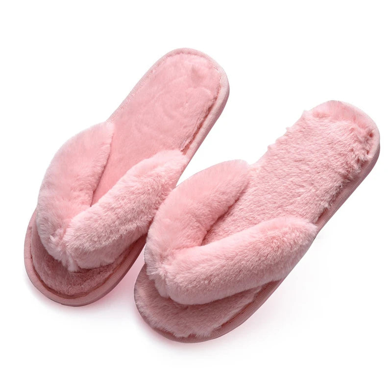 Winter Women House Slippers Faux Fur Fashion Warm Shoes Woman Slip on Flats Female Slides Black Pink cozy home furry slippers