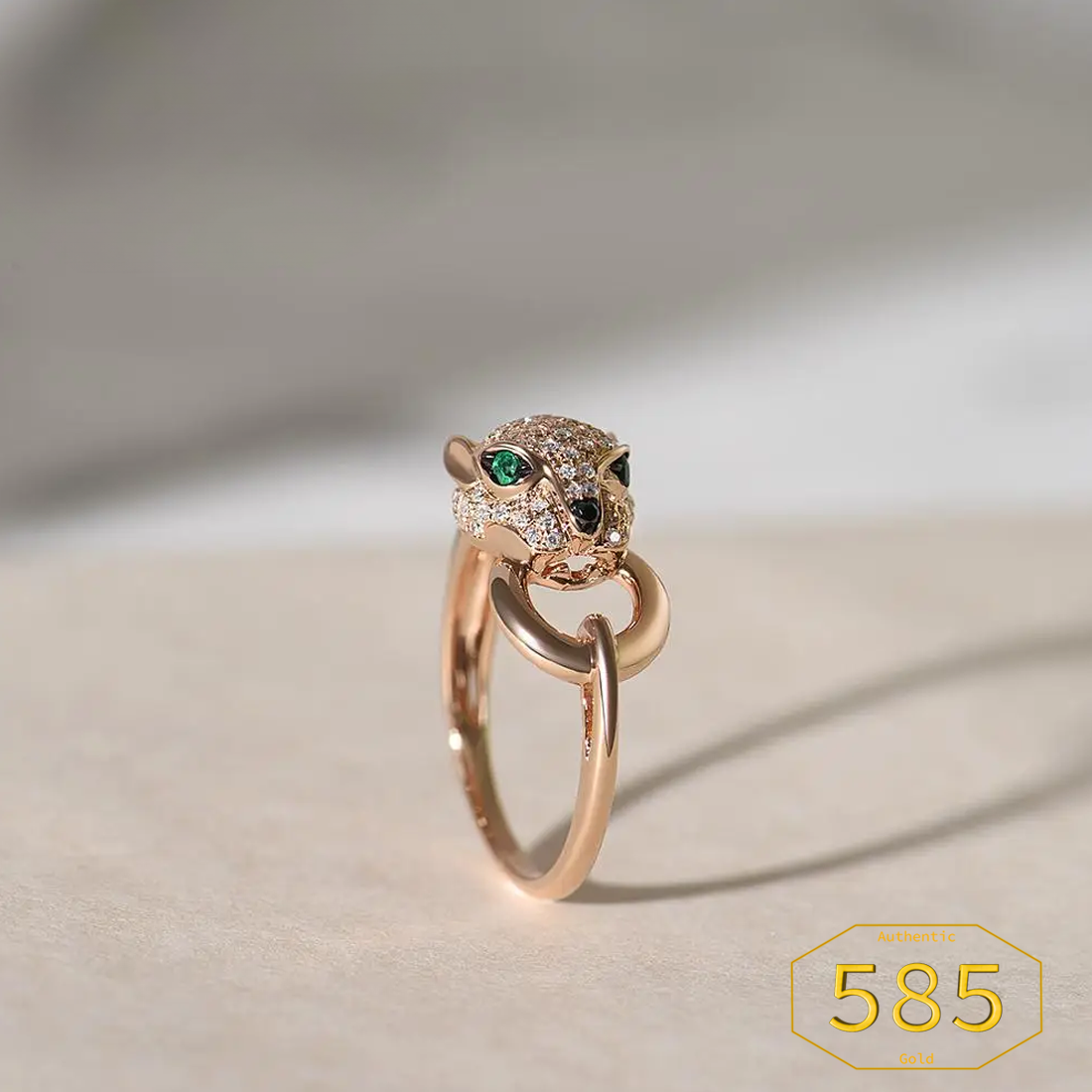 VISTOSO Gold Ring For Women Genuine 14K 585 Rose Gold Leopard Ring Emerald