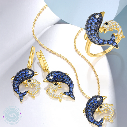 SANTUZZA Silver Glamorous Blue White Dolphin Jewelry Set For Women