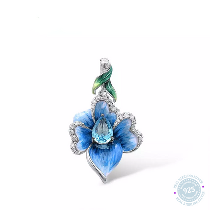 SANTUZZA Silver Pendant - 925 Sterling Silver Exquisite Blue Orchid Flower Pendant