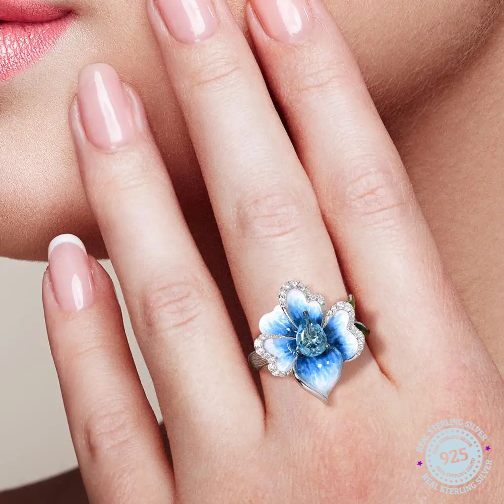 SANTUZZA Silver Rings For Women Genuine 925 Sterling Silver Delicate Blue Orchid flower