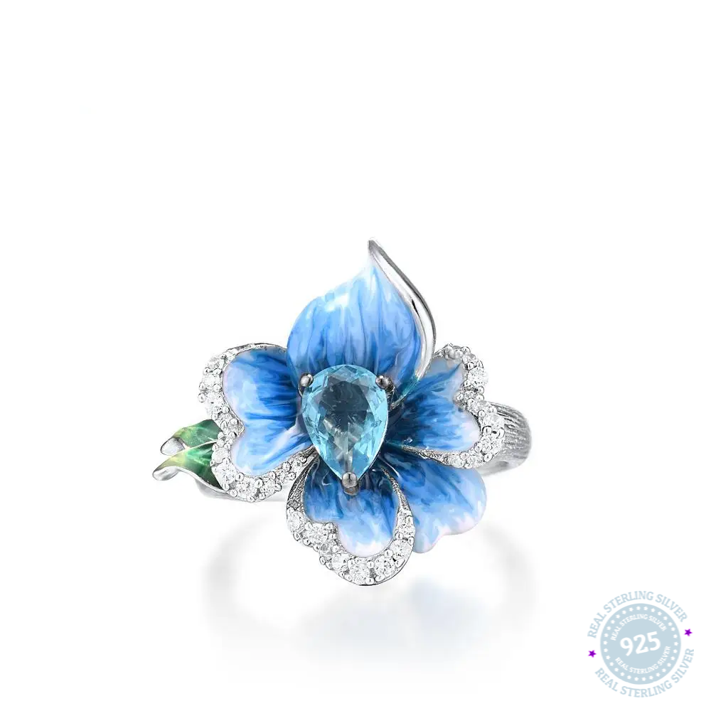 SANTUZZA Silver Rings For Women Genuine 925 Sterling Silver Delicate Blue Orchid flower