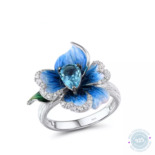 SANTUZZA Silver Rings For Women Genuine 925 Sterling Silver Delicate Blue Orchid flower