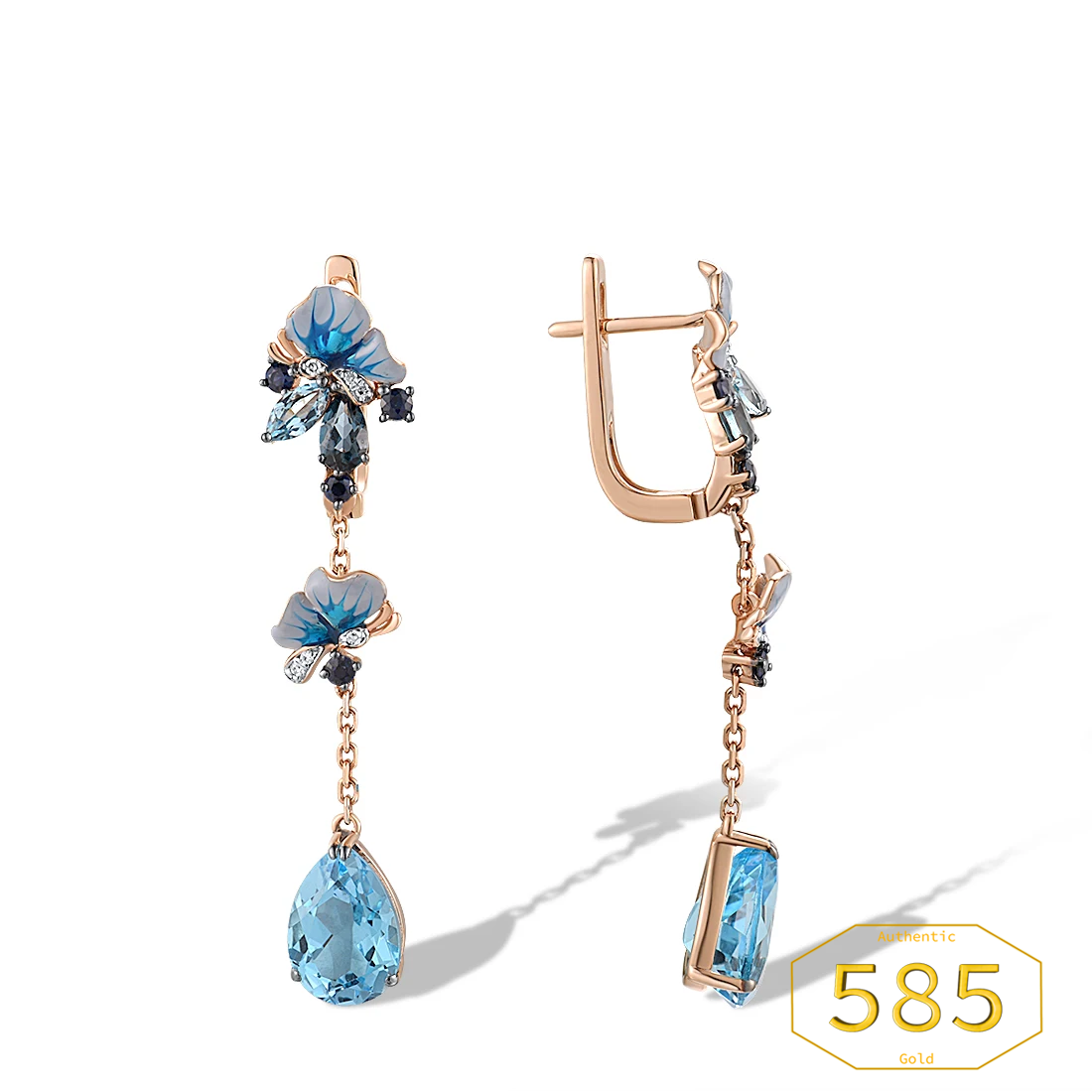 Vistoso - 14K 585 Gold Drop Earrings - Sparkling Diamond Blue Topaz, Enamel Butterfly