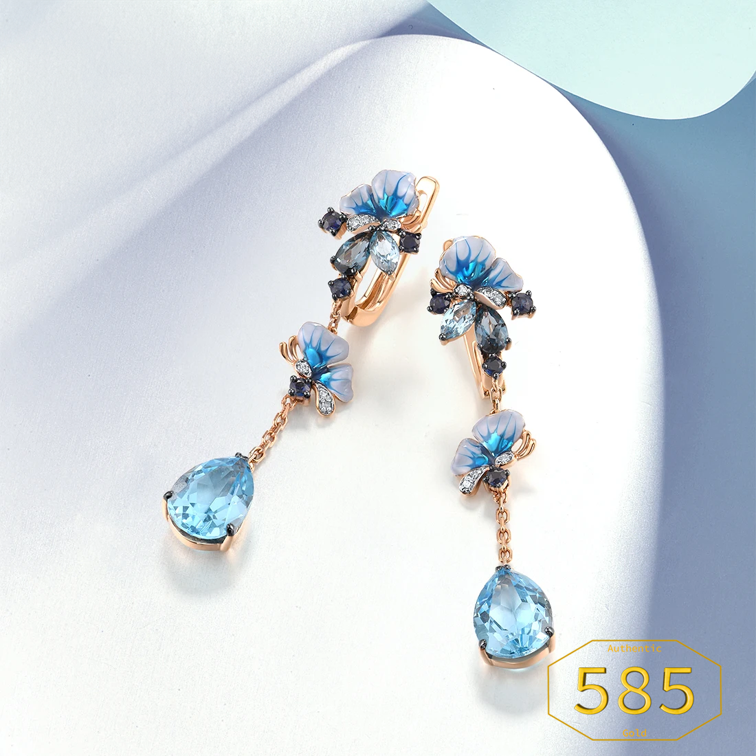 Vistoso - 14K 585 Gold Drop Earrings - Sparkling Diamond Blue Topaz, Enamel Butterfly