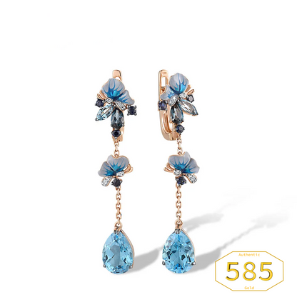 Vistoso - 14K 585 Gold Drop Earrings - Sparkling Diamond Blue Topaz, Enamel Butterfly