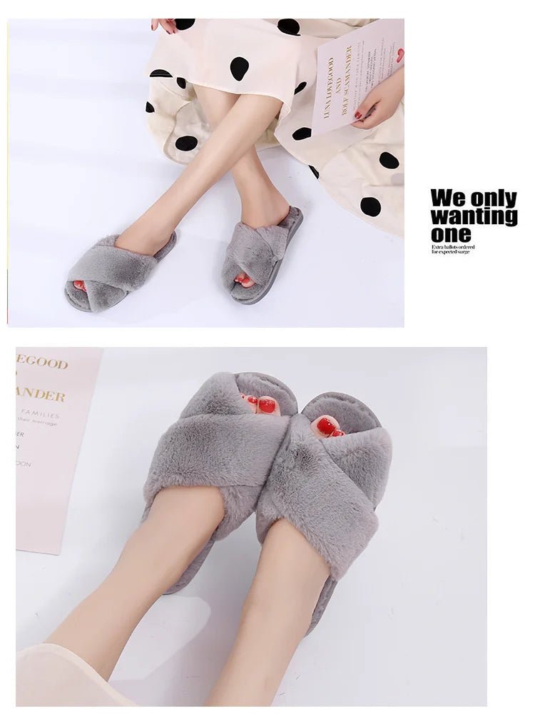 Winter Women House Slippers Faux Fur Fashion Warm Shoes Woman Slip on Flats Female Slides Black Pink cozy home  furry slippers