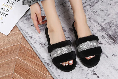 Winter Women House Slippers Faux Fur Fashion Warm Shoes Woman Slip on Flats Female Slides Black Pink cozy home  furry slippers