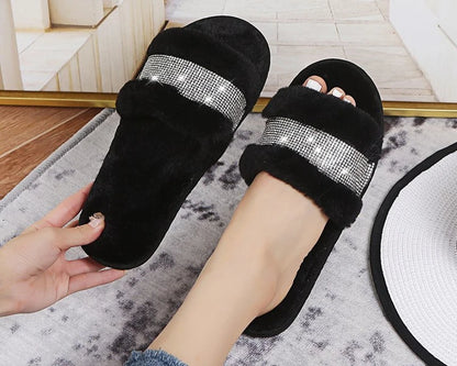 Winter Women House Slippers Faux Fur Fashion Warm Shoes Woman Slip on Flats Female Slides Black Pink cozy home  furry slippers