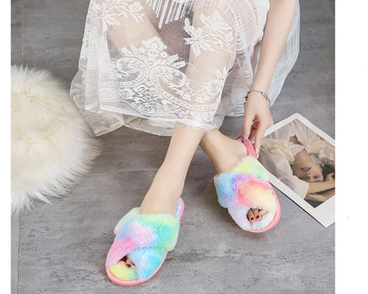 Winter Women House Slippers Faux Fur Fashion Warm Shoes Woman Slip on Flats Female Slides Black Pink cozy home  furry slippers