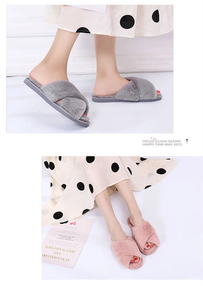 Winter Women House Slippers Faux Fur Fashion Warm Shoes Woman Slip on Flats Female Slides Black Pink cozy home  furry slippers