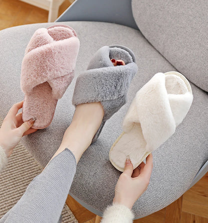 Winter Women House Slippers Faux Fur Fashion Warm Shoes Woman Slip on Flats Female Slides Black Pink cozy home  furry slippers