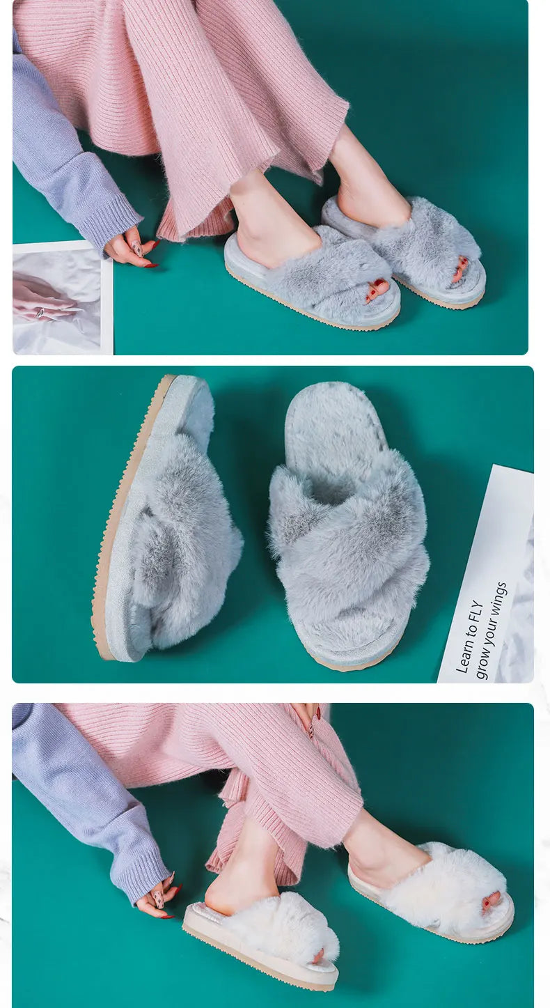 Winter Women House Slippers Faux Fur Fashion Warm Shoes Woman Slip on Flats Female Slides Black Pink cozy home  furry slippers