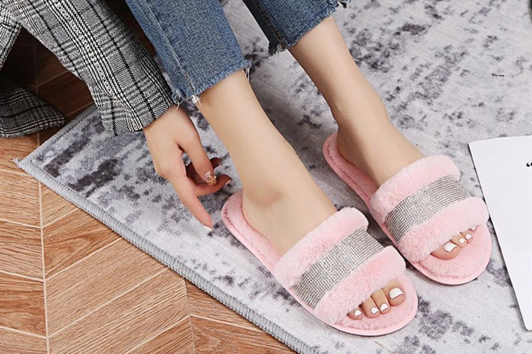 Winter Women House Slippers Faux Fur Fashion Warm Shoes Woman Slip on Flats Female Slides Black Pink cozy home  furry slippers