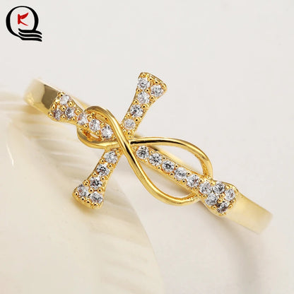 Elegant Cross Inlaid Crystal Wedding Band - Gold/Silver