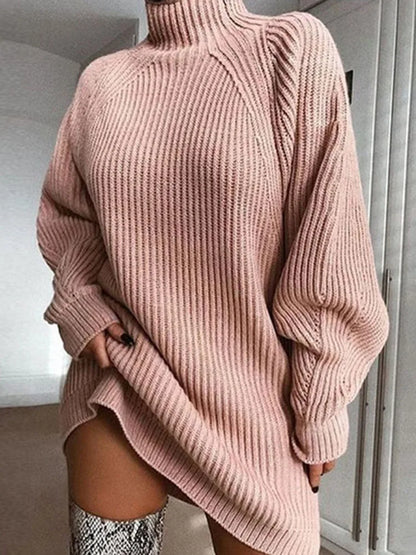 Women Turtleneck Oversized Knitted Dress Autumn Solid Long Sleeve Casual Elegant Mini Sweater Dress Winter Clothes