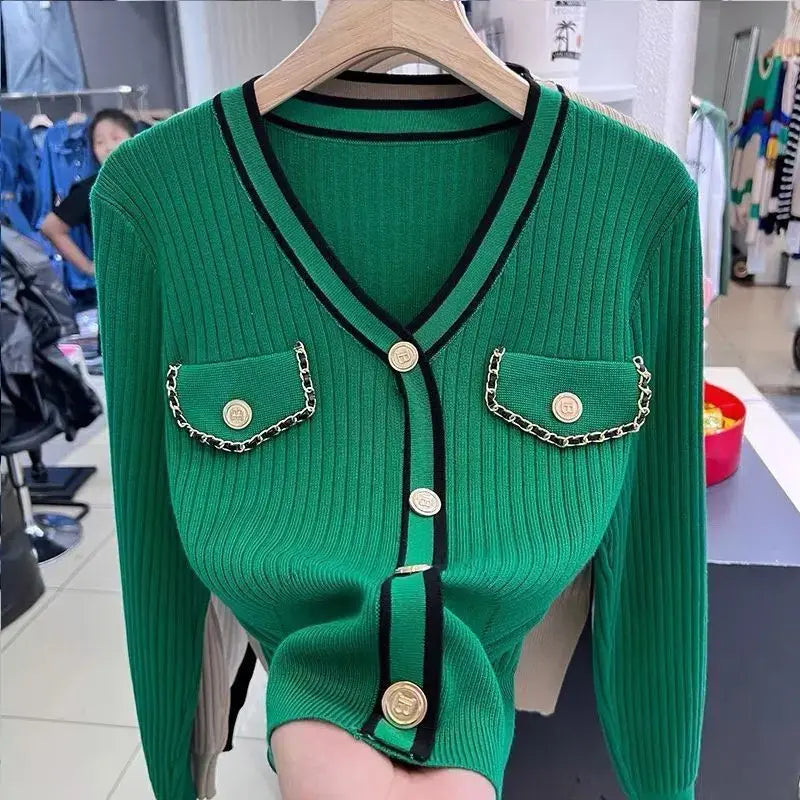 Temperament V Neck Knitting Slim Short Sweaters Spring Autumn New Long Sleeve Button Pullovers Fashion Elegant Women Clothing