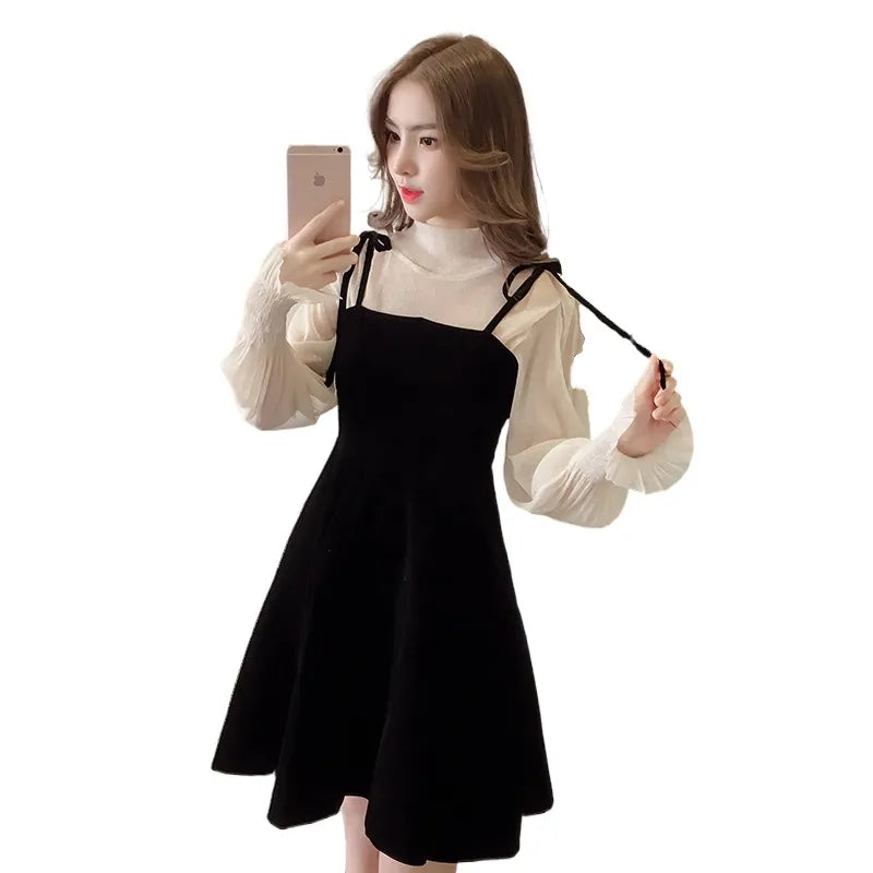 Spring New Elegant Two Piece Dress for Women Women Winter Korean A-Line O-Neck Tops and Black Sundress Streetwear Dress Vestidos