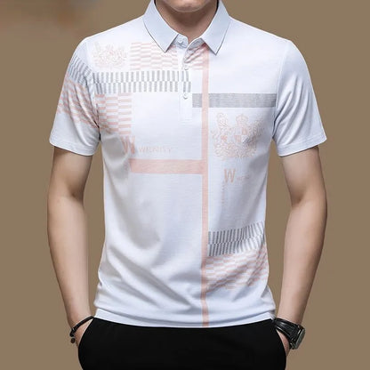 Men's Polo Shirt Business Casual Summer Short Sleeves Tops Pattern Print Button T Shirt Loose Clothes Fashion Polo T Shirt