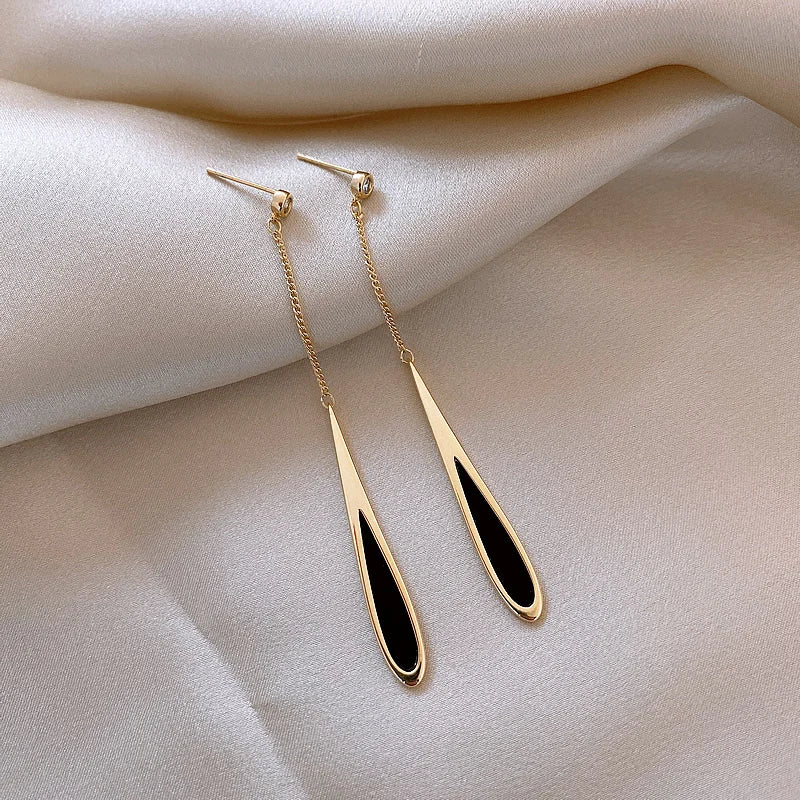 Black Drop Tassel Long Earrings - Taoya Water Drop Drop Earrings