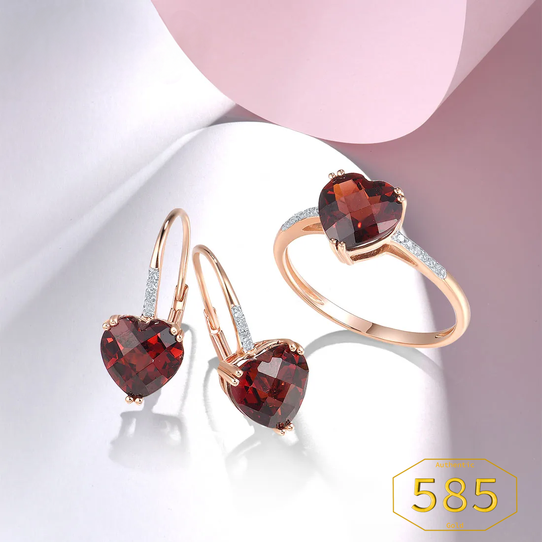 Vistoso -  14K 585 Gold Jewelry Set - Shiny Heart Smoky Quartz Diamond