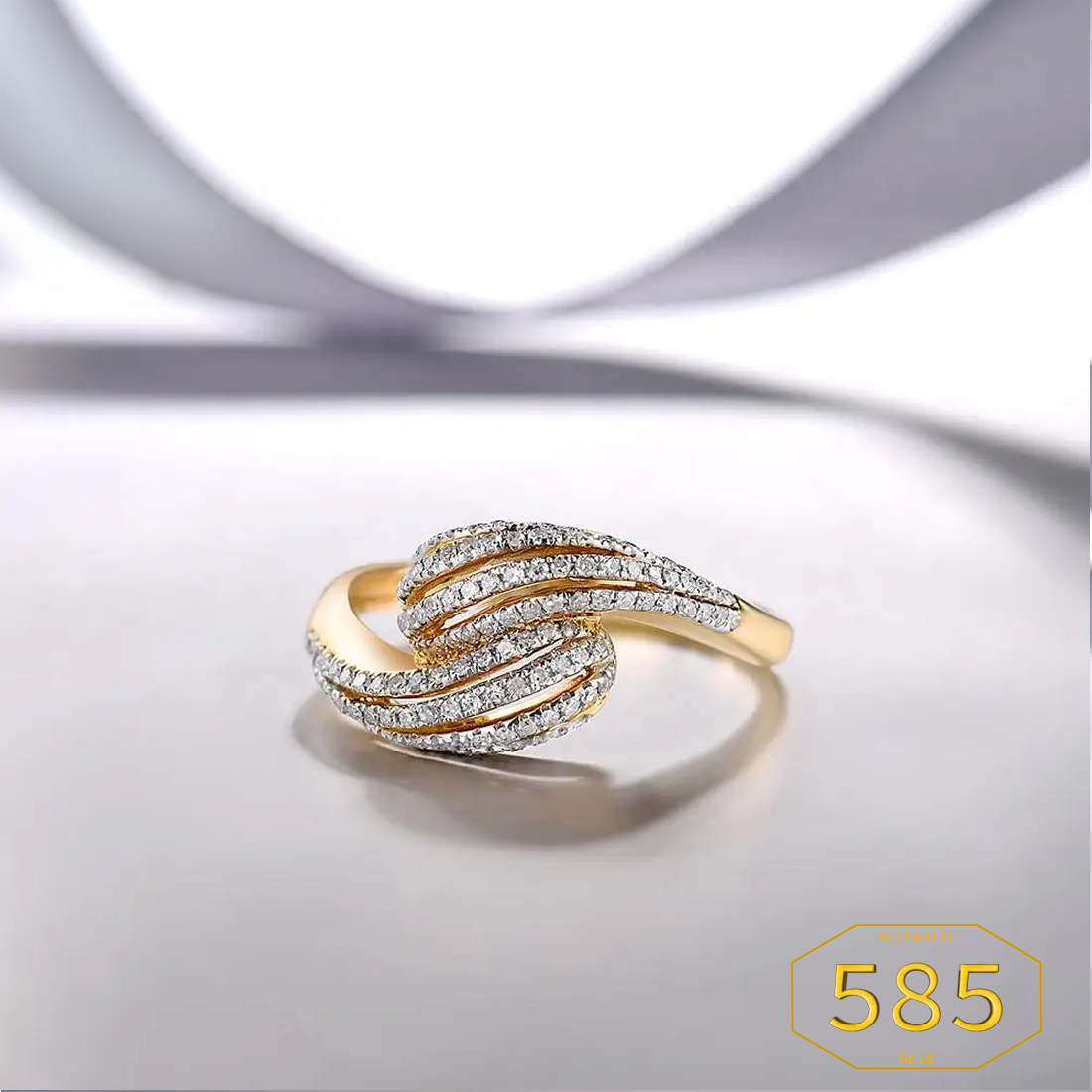 VISTOSO Genuine 14K 585 Yellow Gold Ring For Lady Sparkling Diamonds Twisting Ring
