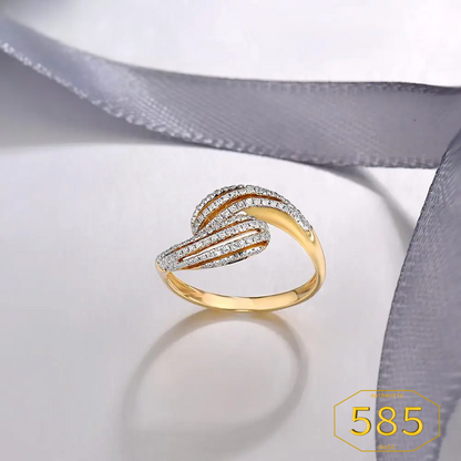 VISTOSO Genuine 14K 585 Yellow Gold Ring For Lady Sparkling Diamonds Twisting Ring
