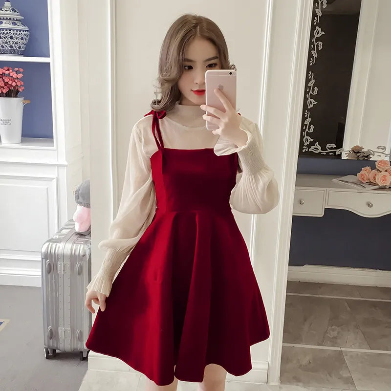 Spring New Elegant Two Piece Dress for Women Women Winter Korean A-Line O-Neck Tops and Black Sundress Streetwear Dress Vestidos