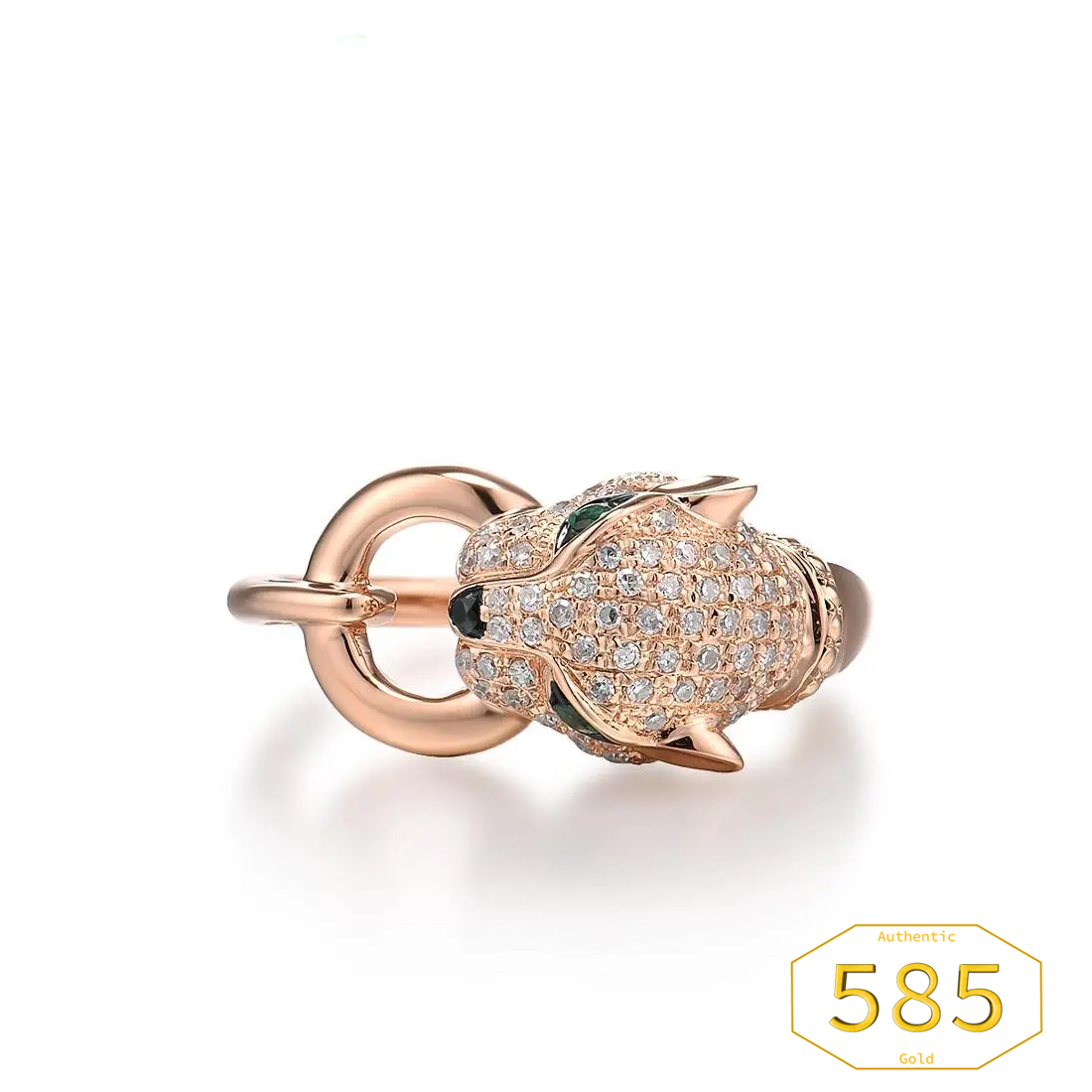 VISTOSO Gold Ring For Women Genuine 14K 585 Rose Gold Leopard Ring Emerald