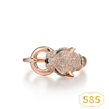VISTOSO Gold Ring For Women Genuine 14K 585 Rose Gold Leopard Ring Emerald