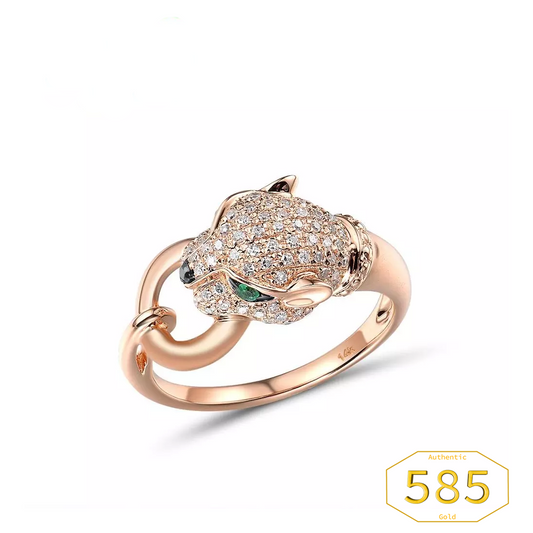 VISTOSO Gold Ring For Women Genuine 14K 585 Rose Gold Leopard Ring Emerald