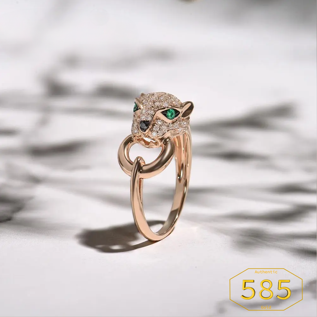 VISTOSO Gold Ring For Women Genuine 14K 585 Rose Gold Leopard Ring Emerald