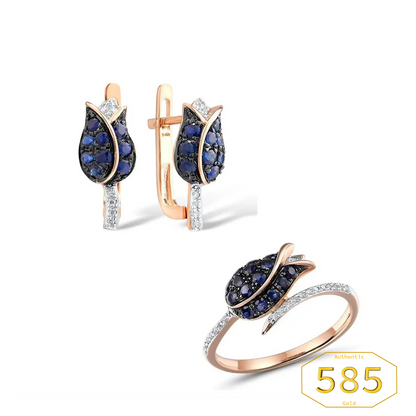 Vistoso Jewellery Set - 14K 585 Rose Gold - Sparkling Blue Sapphire Diamond Tulip