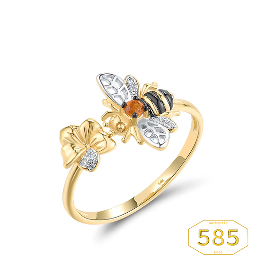 VISTOSO Genuine 14K 585 Yellow Gold Ring For Women Sparkling Diamond Citrine Floral Lovely Bee