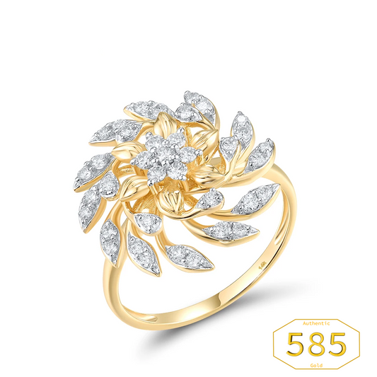 VISTOSO Pure 14K 585 Yellow Gold Rings For Women Sparkling Diamonds Exquisite Blooming Flower