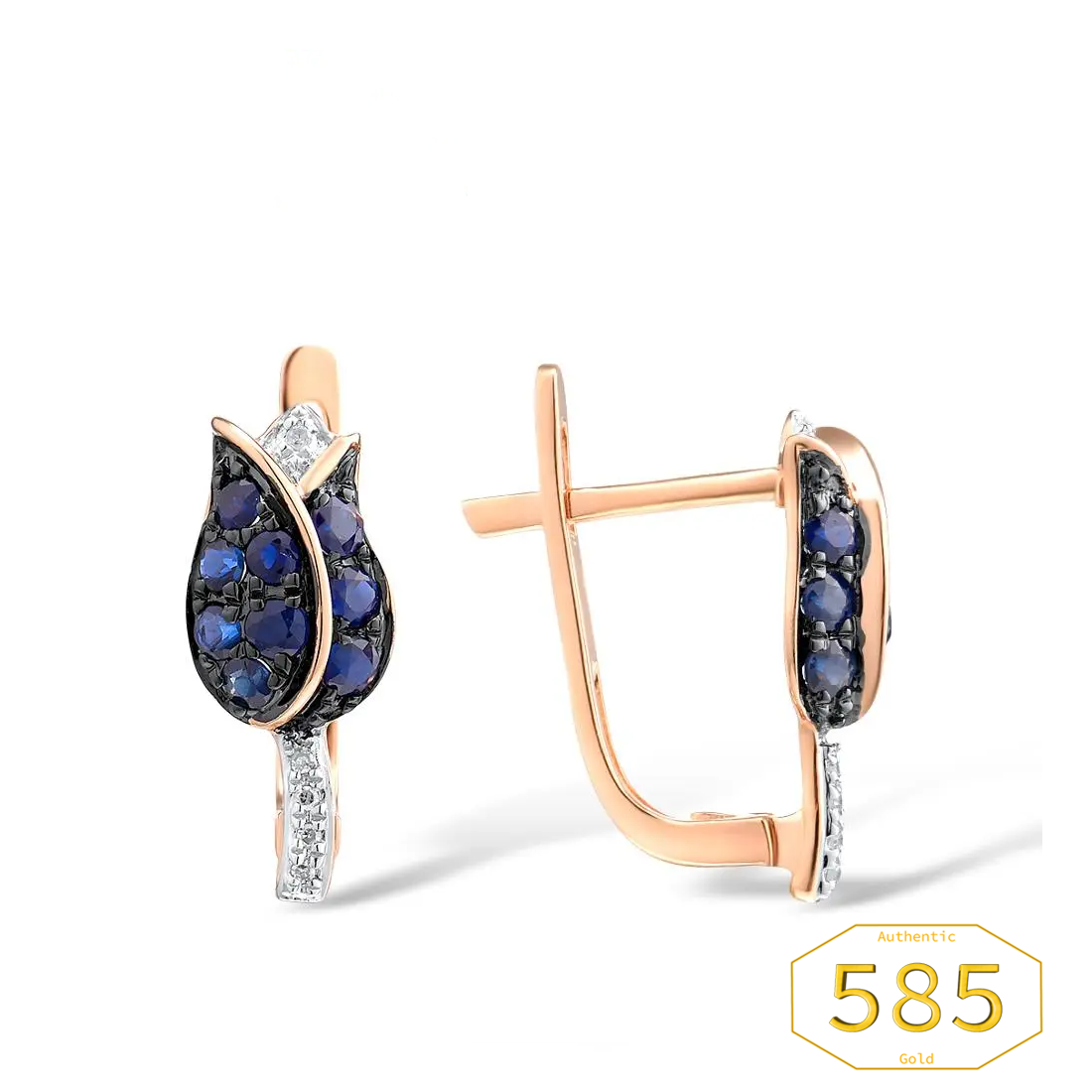 Vistoso Jewellery Set - 14K 585 Rose Gold - Sparkling Blue Sapphire Diamond Tulip