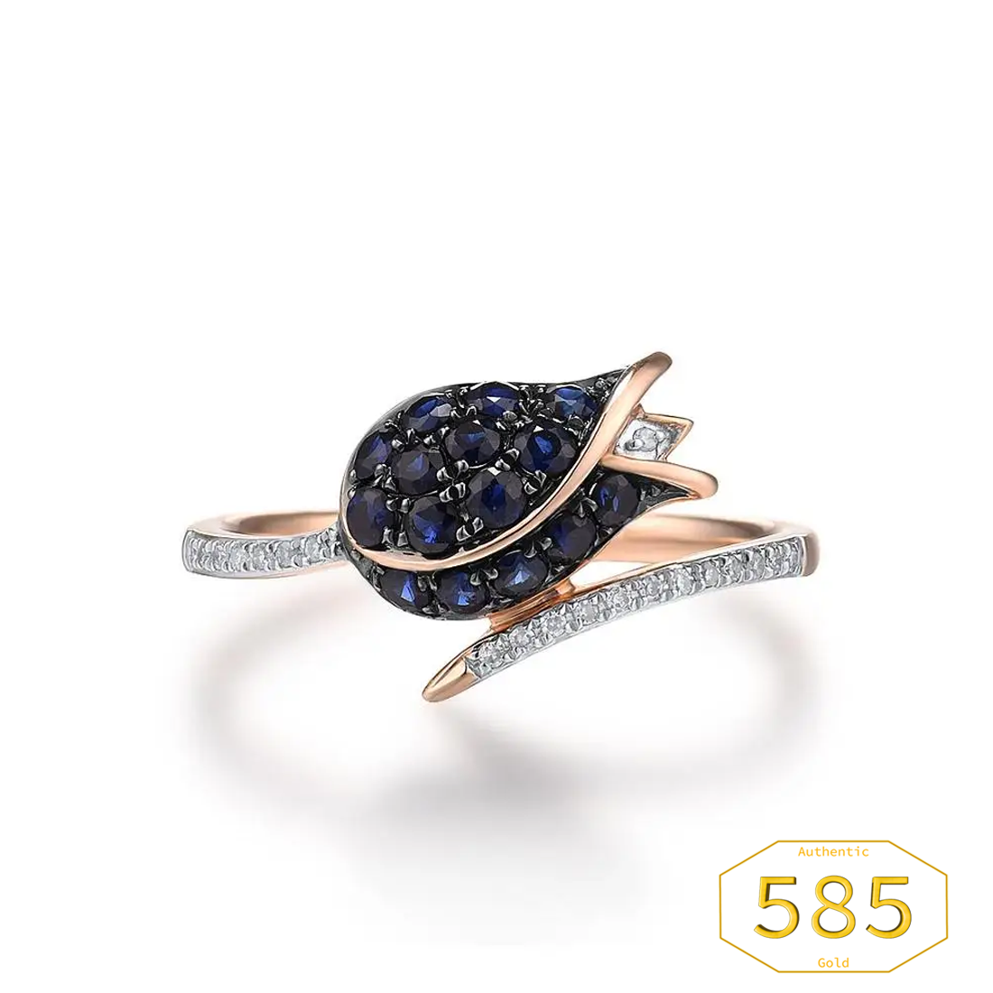 Vistoso Jewellery Set - 14K 585 Rose Gold - Sparkling Blue Sapphire Diamond Tulip